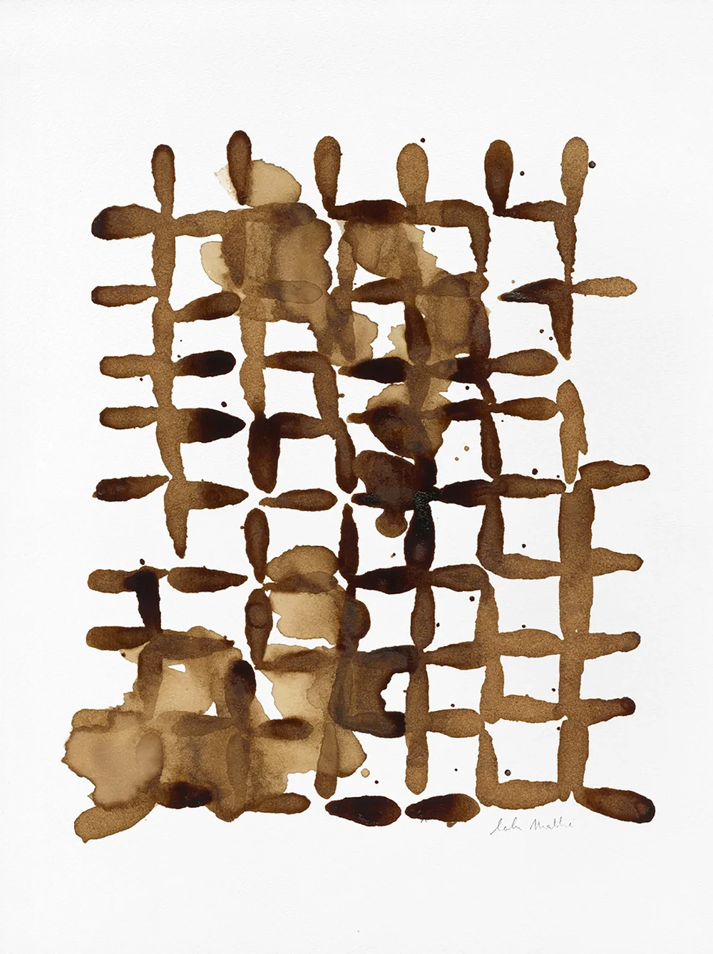 Œuvre graphique contemporaine réalisée au café avec motif de grille abstraite