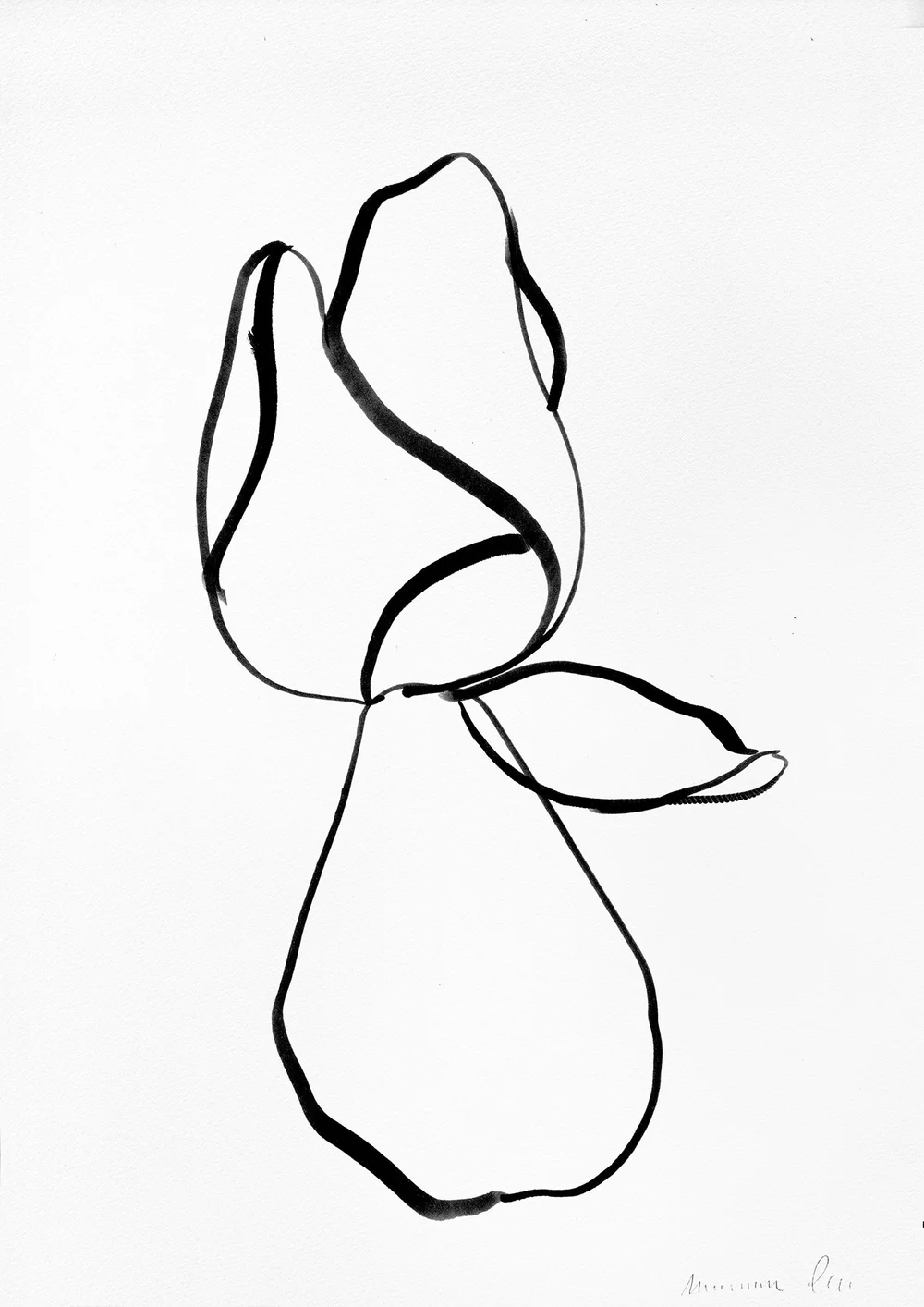 Composition minimaliste à l’encre de Chine représentant une fleur stylisée aux courbes fluides et expressives