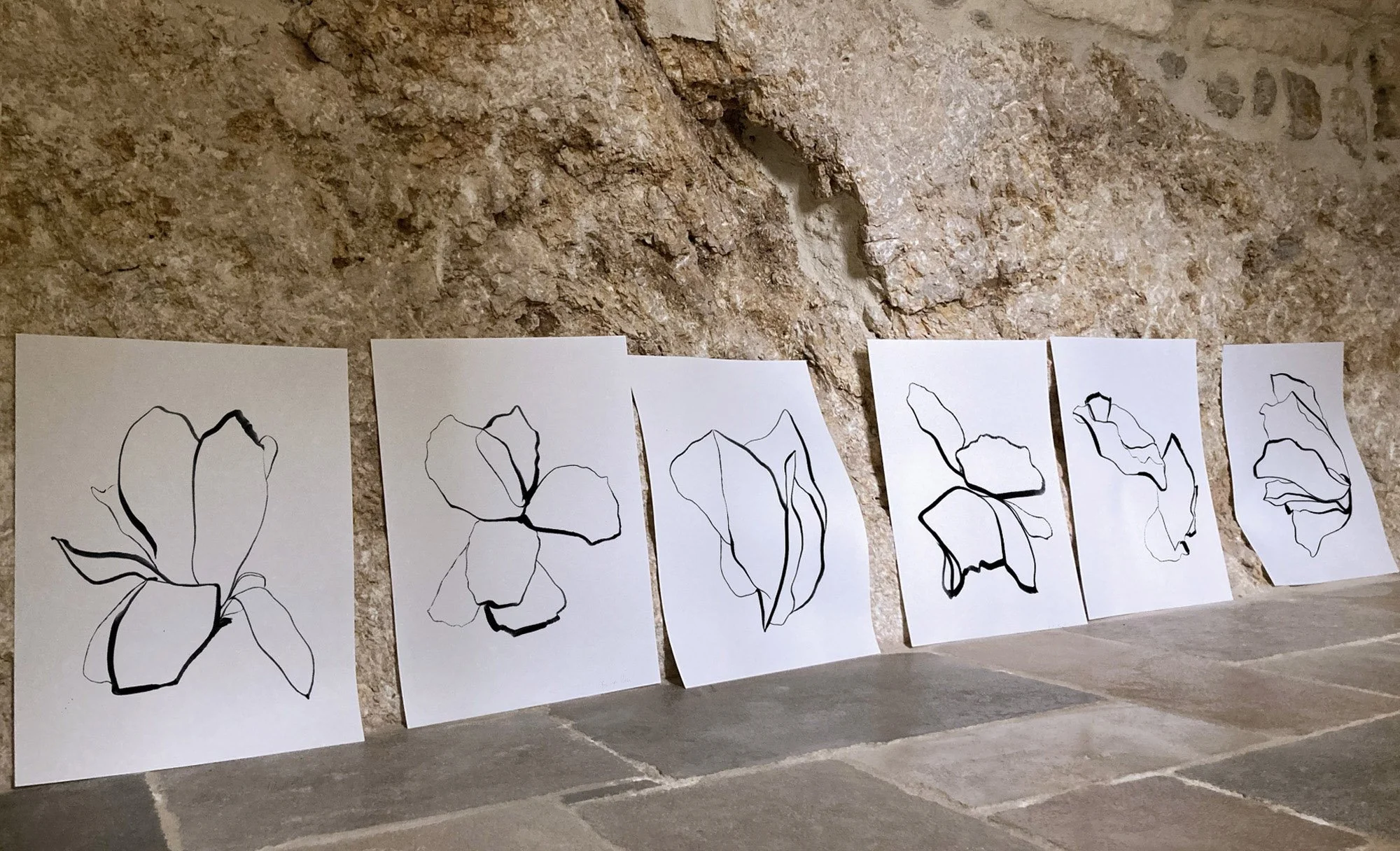 Série de dessins contemporains à l’encre noire représentant des formes florales abstraites sur papier blanc, exposée sur fond de pierre naturelle