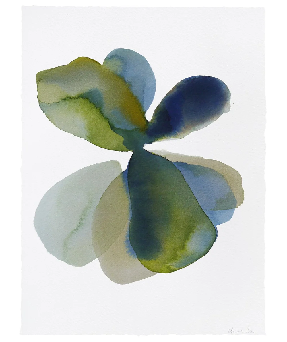 Œuvre contemporaine en encre pigmentaire aux formes florales abstraites dans des nuances de bleu et de vert