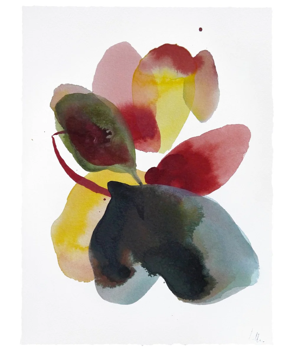 Œuvre contemporaine en encre pigmentaire avec formes organiques colorées dans des tons rouges, jaunes et verts