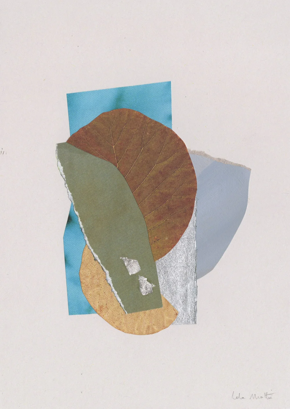Collage contemporain abstrait turquoise, vert olive et cuivre avec feuille séchée