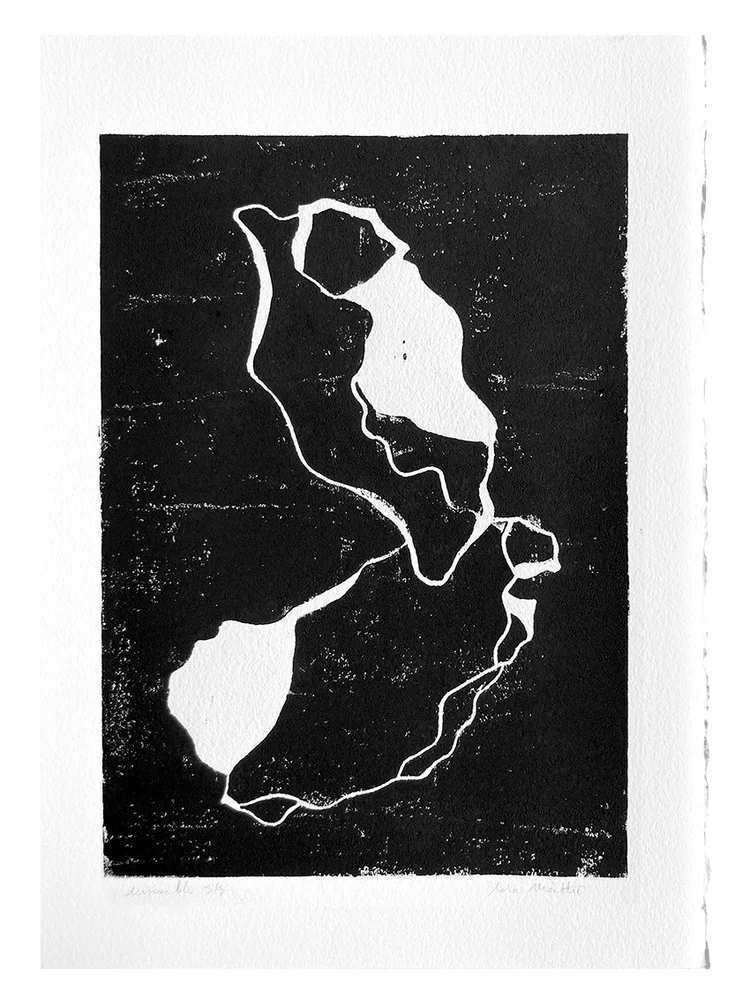 Œuvre contemporaine en linogravure noire et blanche avec composition abstraite minimaliste sur papier coton