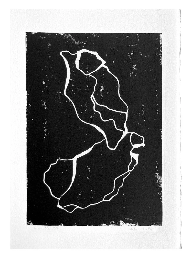 Impression artistique en linogravure représentant des formes organiques blanches sur fond noir texturé