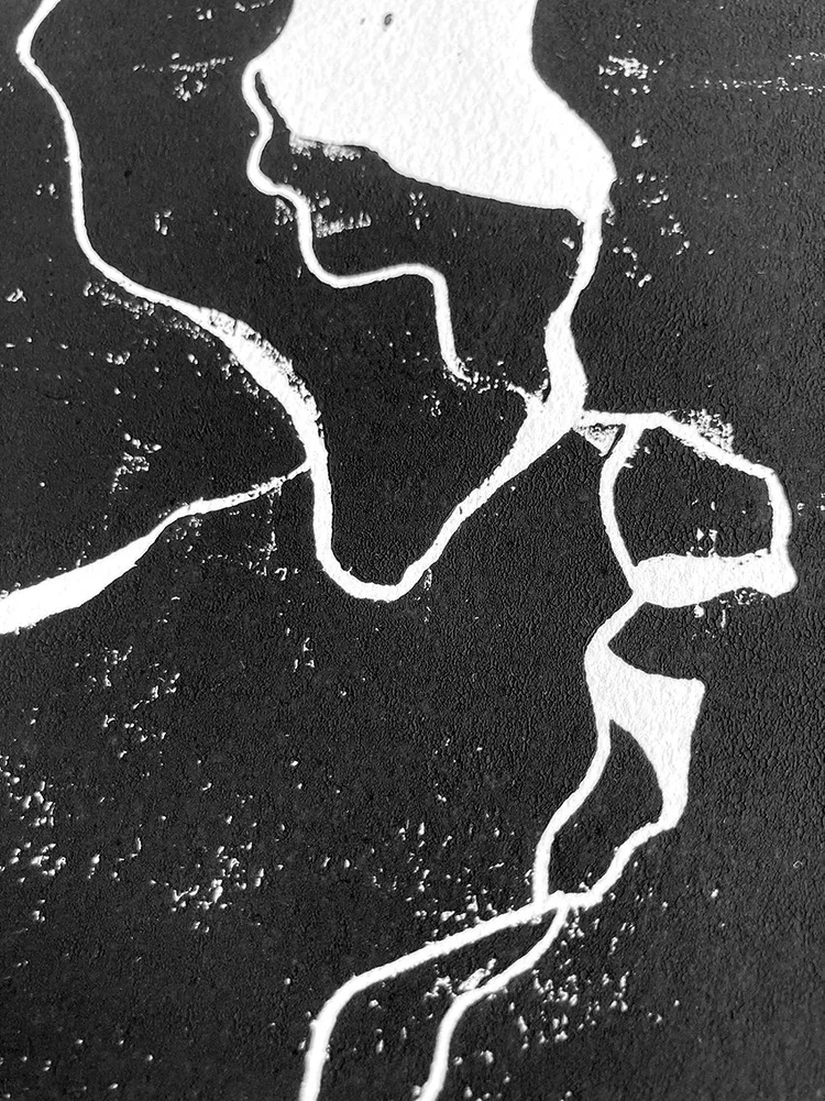 Détail de linogravure contemporaine noire et blanche mettant en valeur les textures d’encre et les lignes organiques gravées