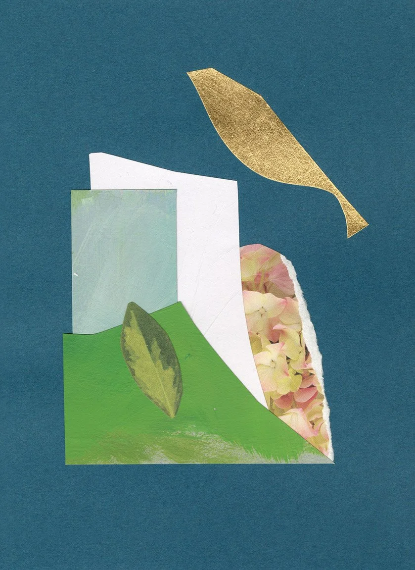 Collage contemporain abstrait vert émeraude, bleu pétrole et touches florales roses