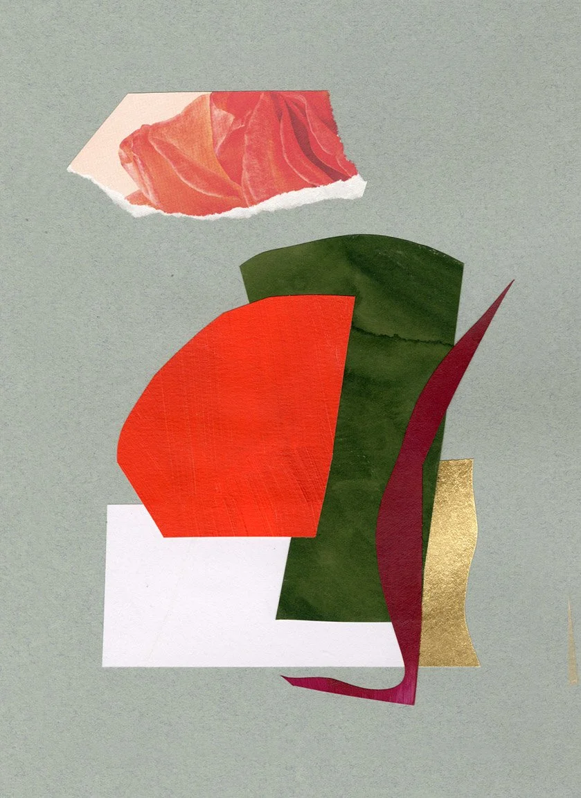 Collage contemporain abstrait vert sauge, rouge corail et bordeaux avec motif floral