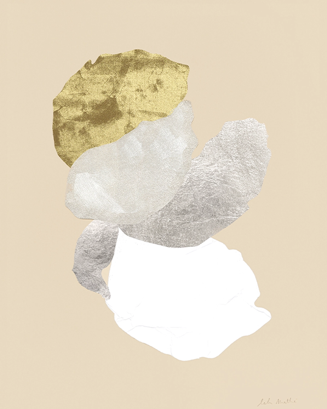Œuvre abstraite contemporaine, collage papier, feuille d’or