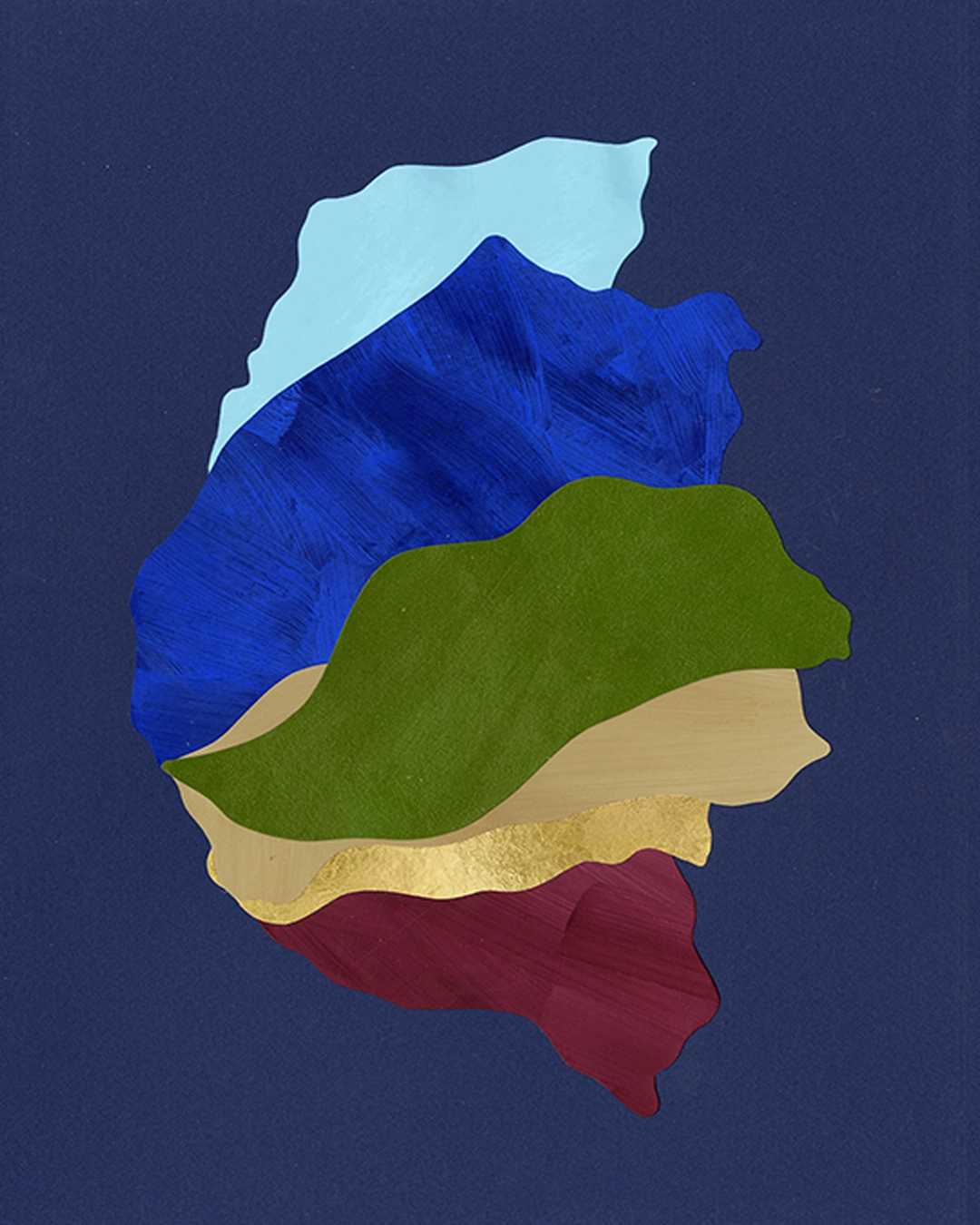 Collage contemporain abstrait multicolore, feuille d'or