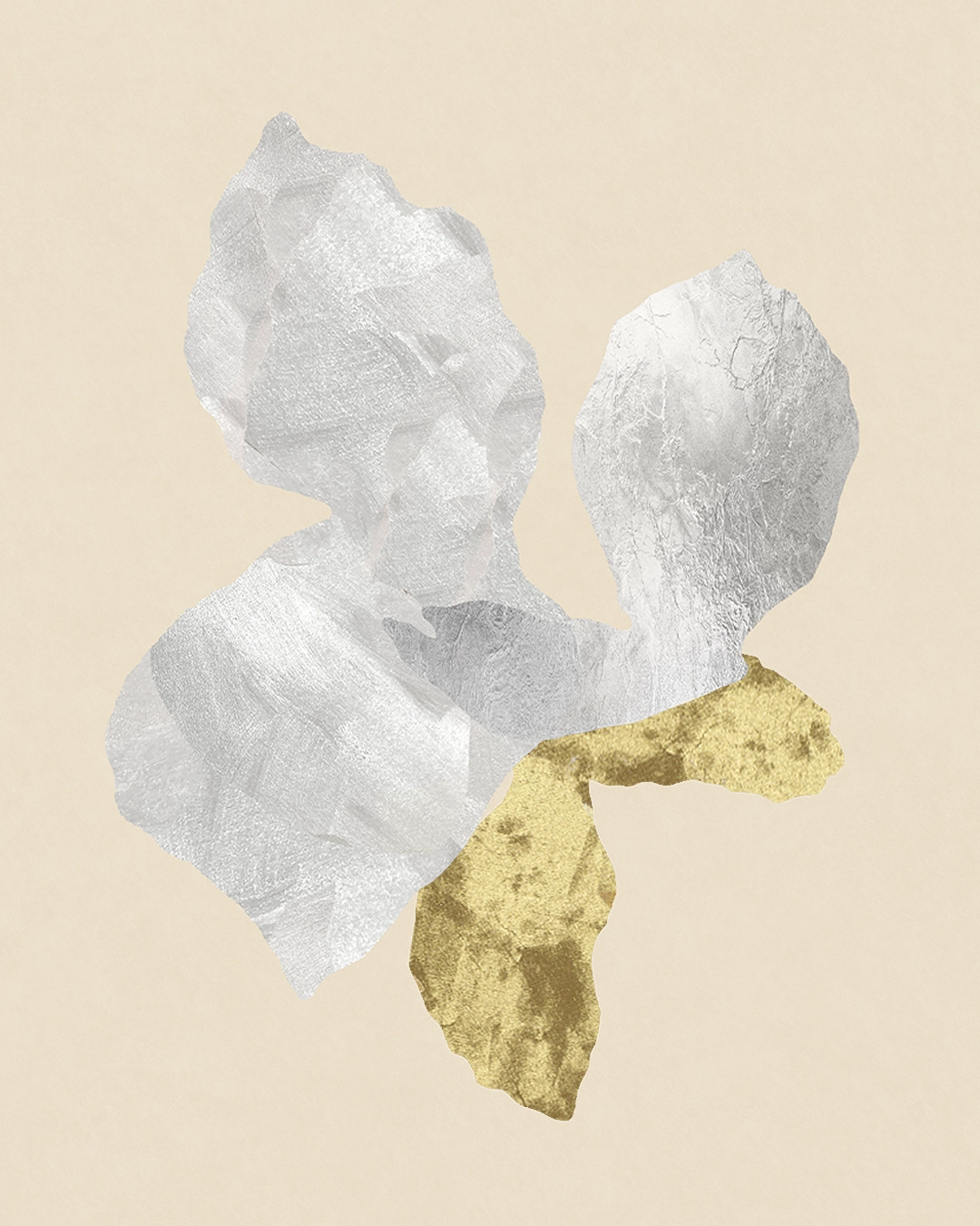Œuvre abstraite contemporaine, collage papier, feuille d’or