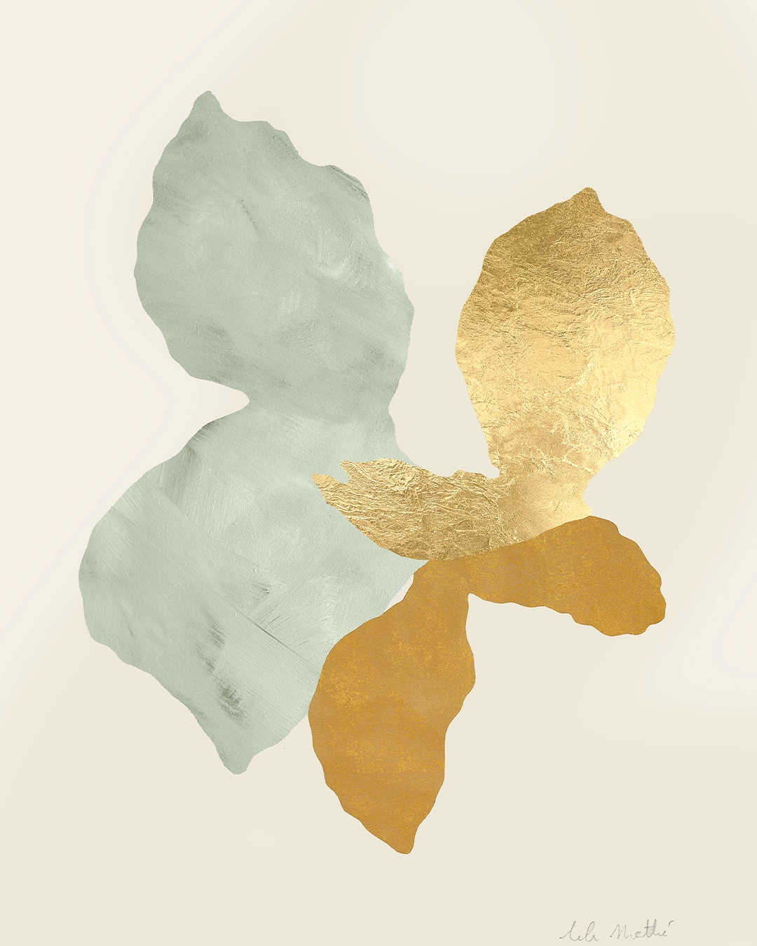 Œuvre abstraite contemporaine, collage papier, feuille d’or