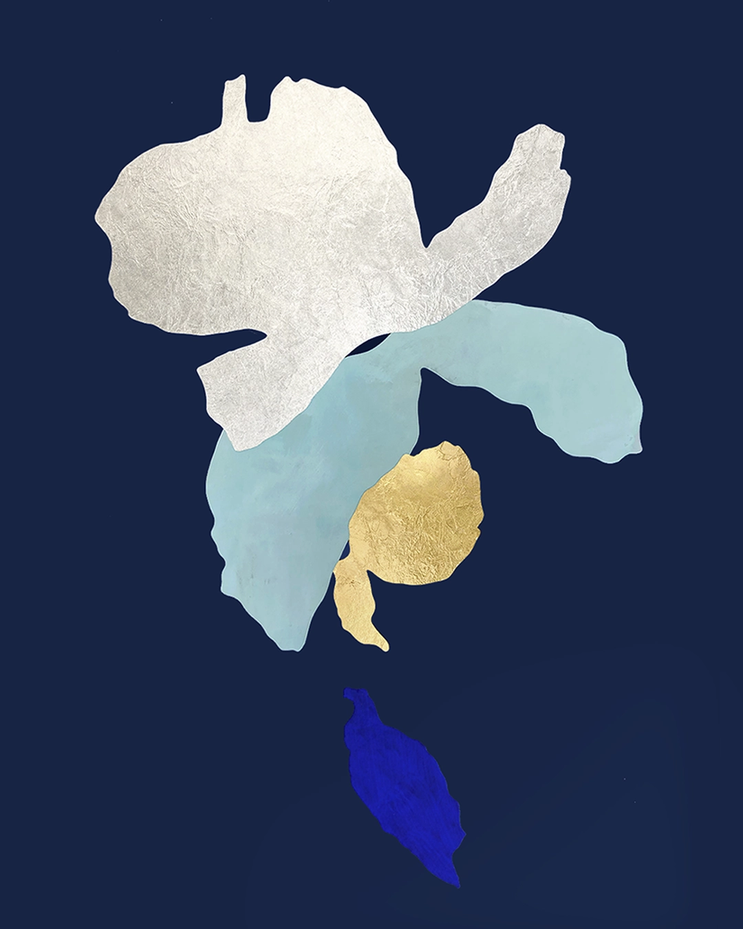 Œuvre abstraite contemporaine, collage papier, feuille d’or