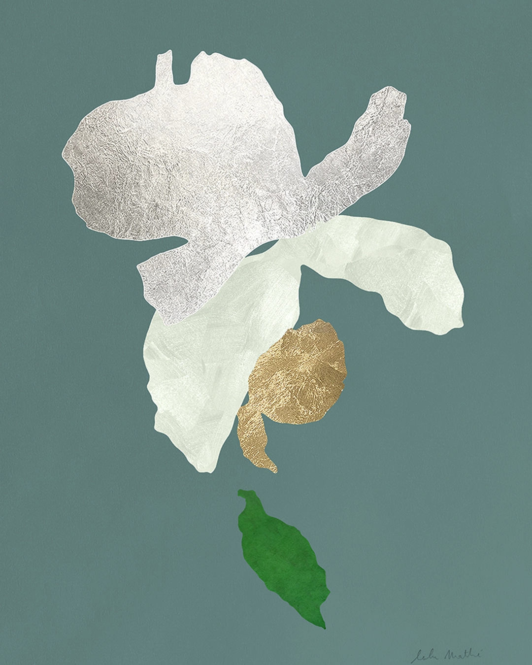 Œuvre abstraite contemporaine, collage papier, feuille d’or