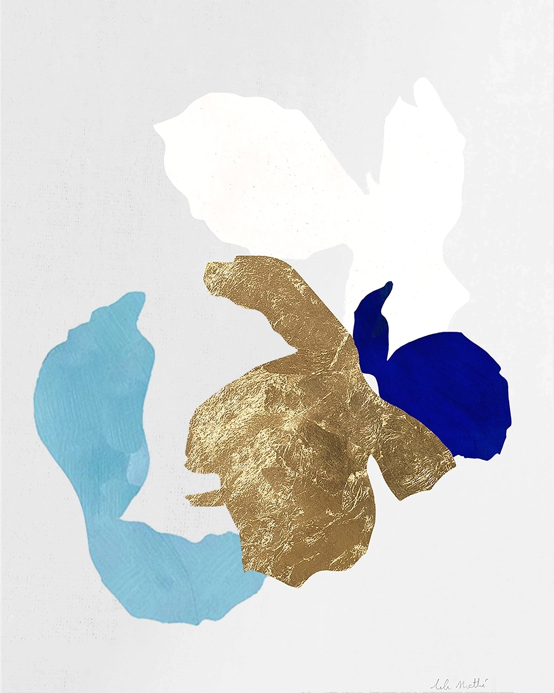 Œuvre abstraite contemporaine, collage papier, feuille d’or nuances bleu aqua, blanc et or sur papier