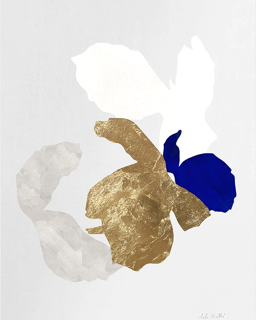 Œuvre abstraite contemporaine, collage papier, feuille d’or