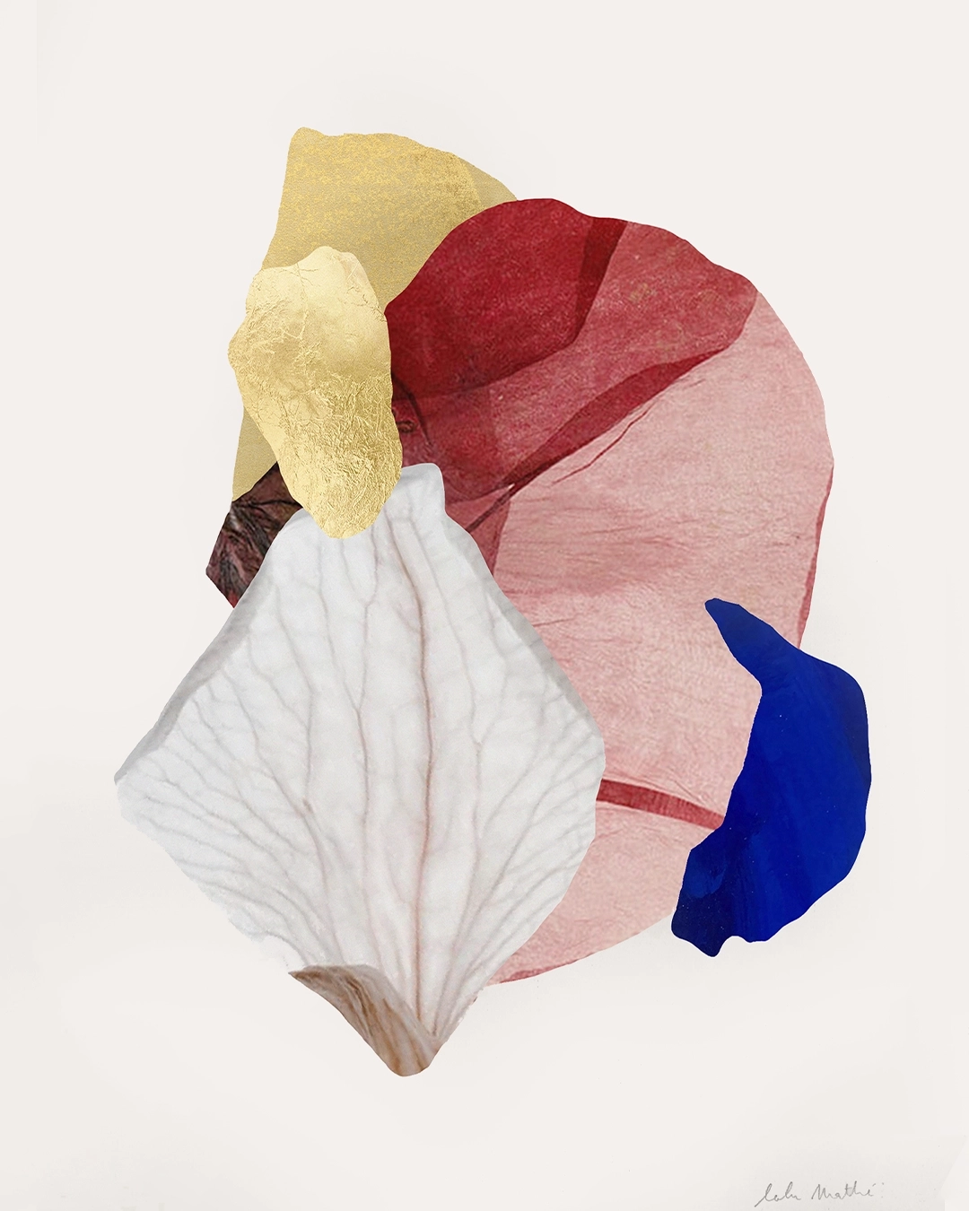 Collage contemporain abstrait floral multicolore, feuille d'or