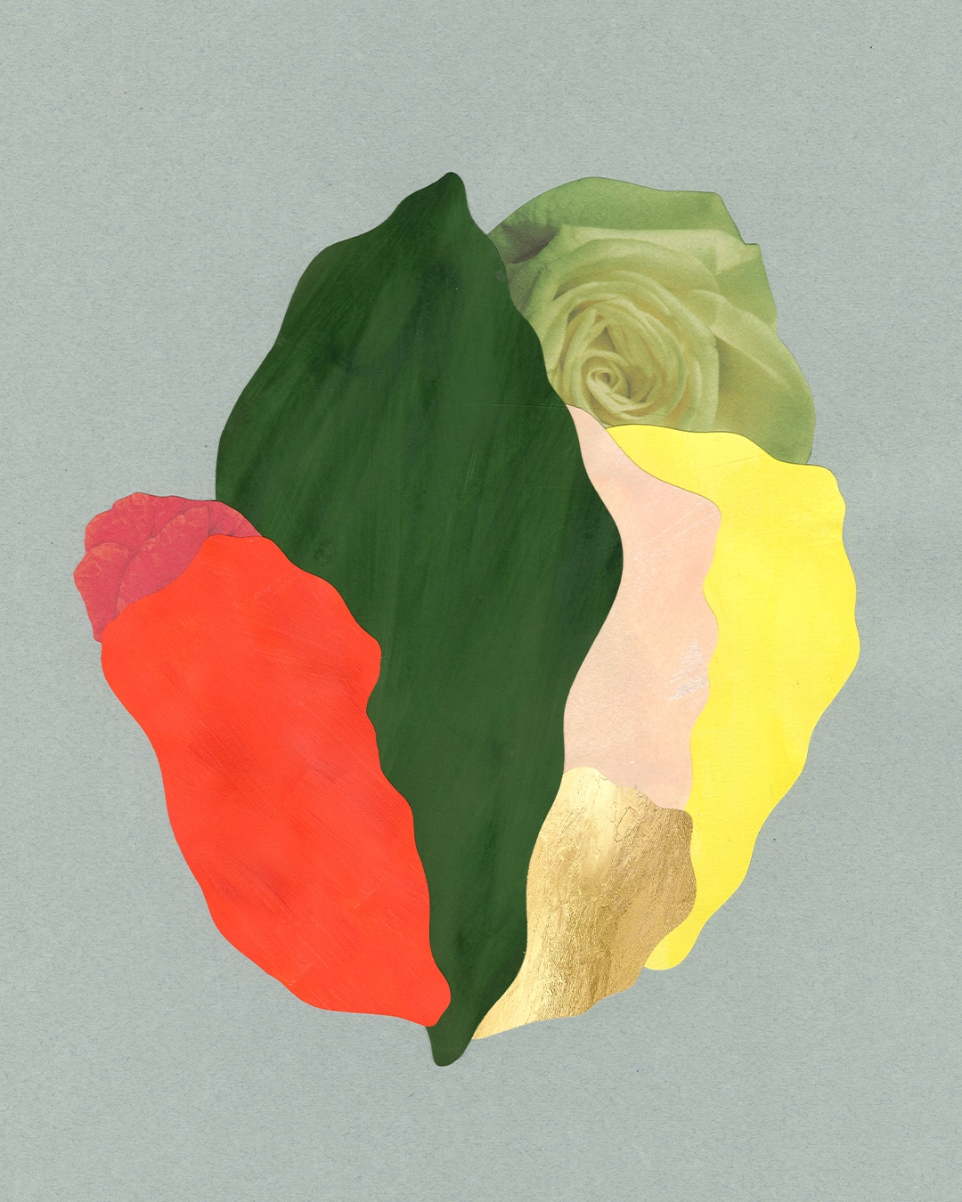 Collage contemporain abstrait floral multicolore, feuille d'or