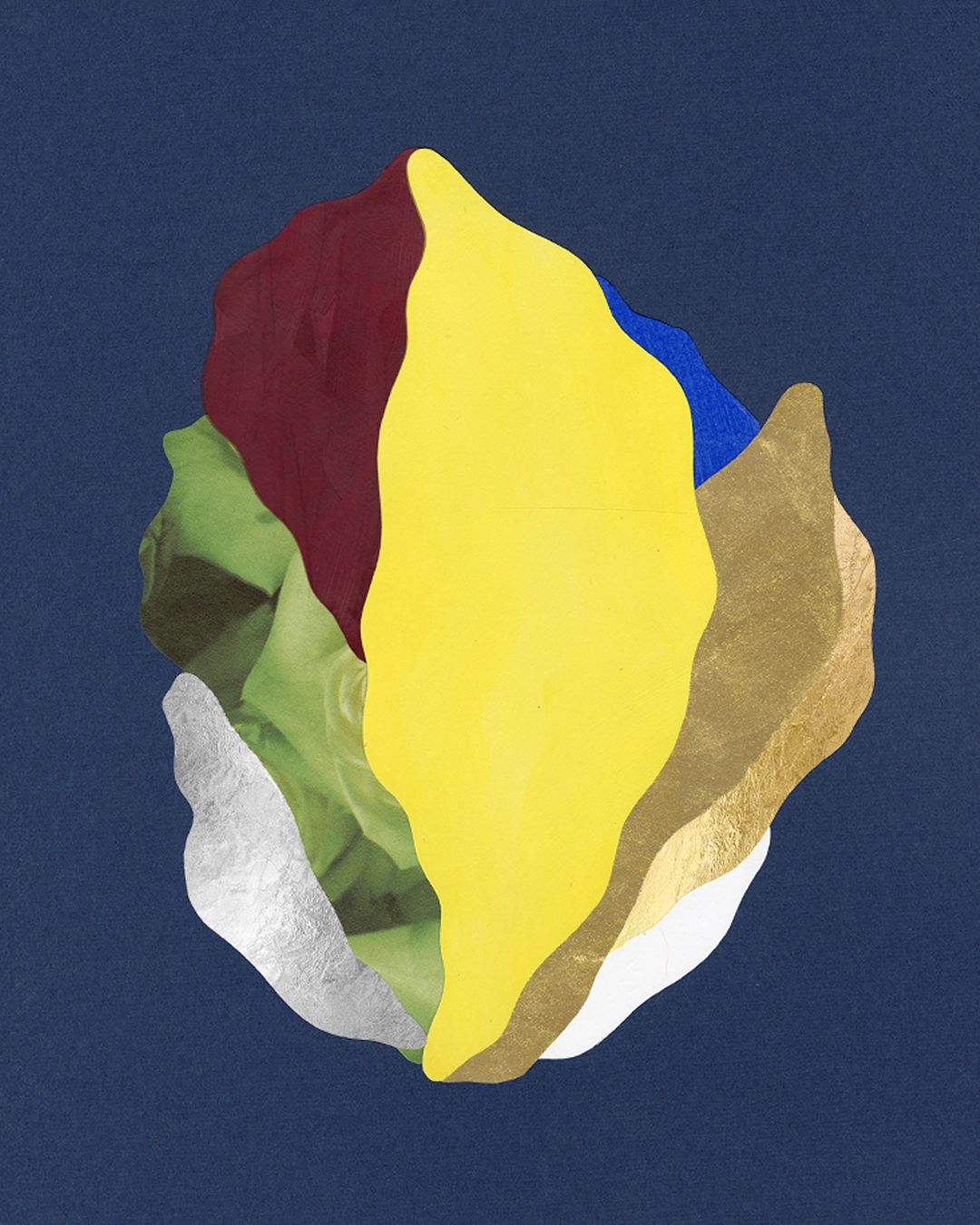 Collage contemporain abstrait floral multicolore, feuille d'or