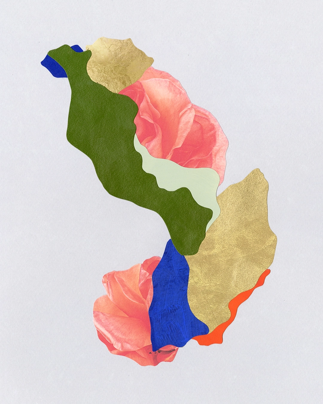 Collage contemporain abstrait floral multicolore, feuille d'or