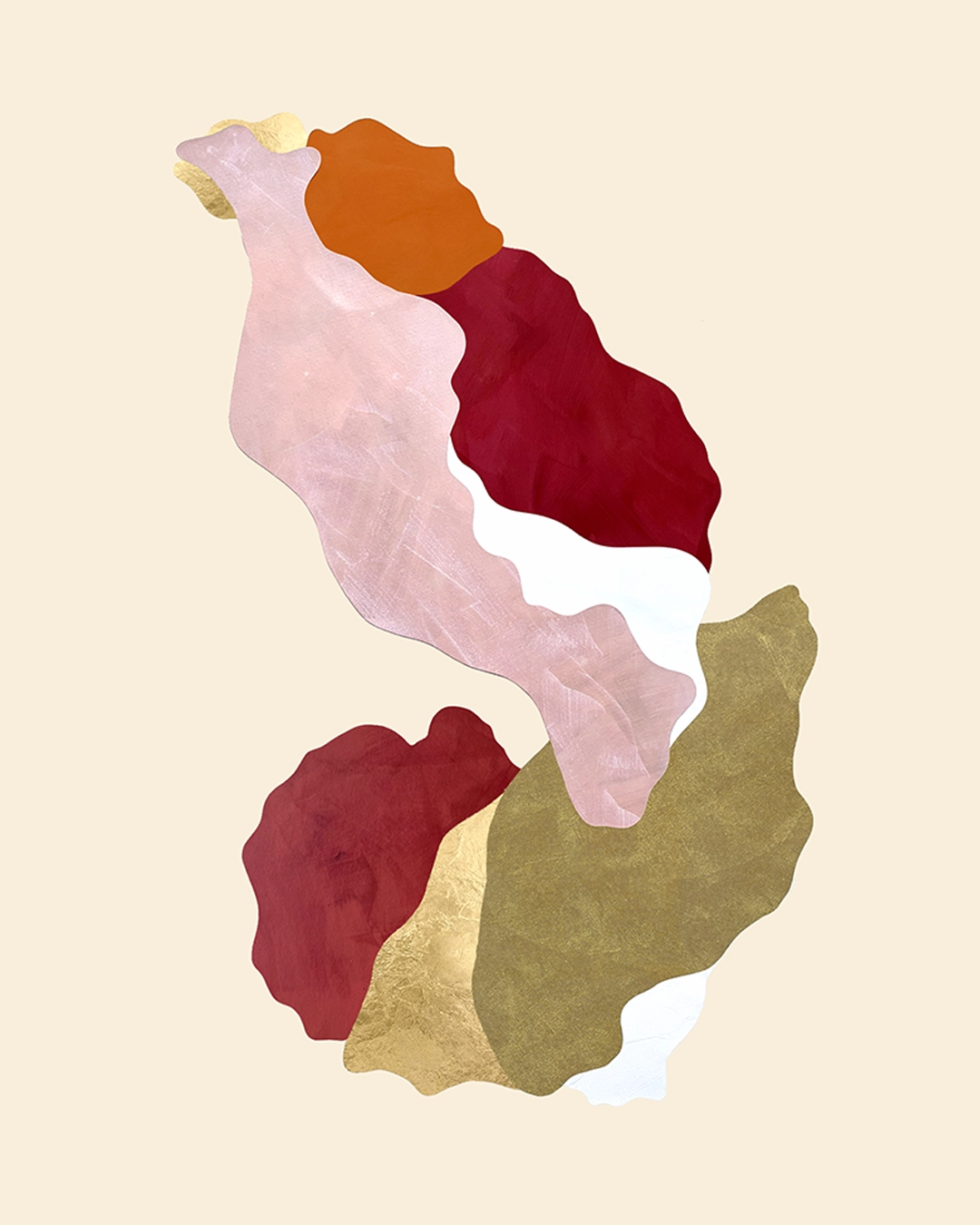 Œuvre abstraite contemporaine, collage papier, feuille d’or
