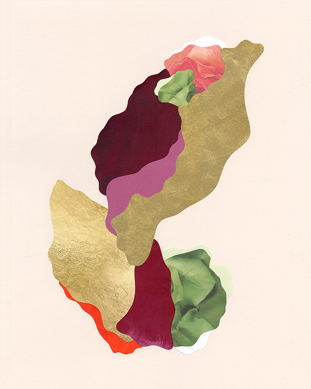 Collage contemporain abstrait floral multicolore, feuille d'or