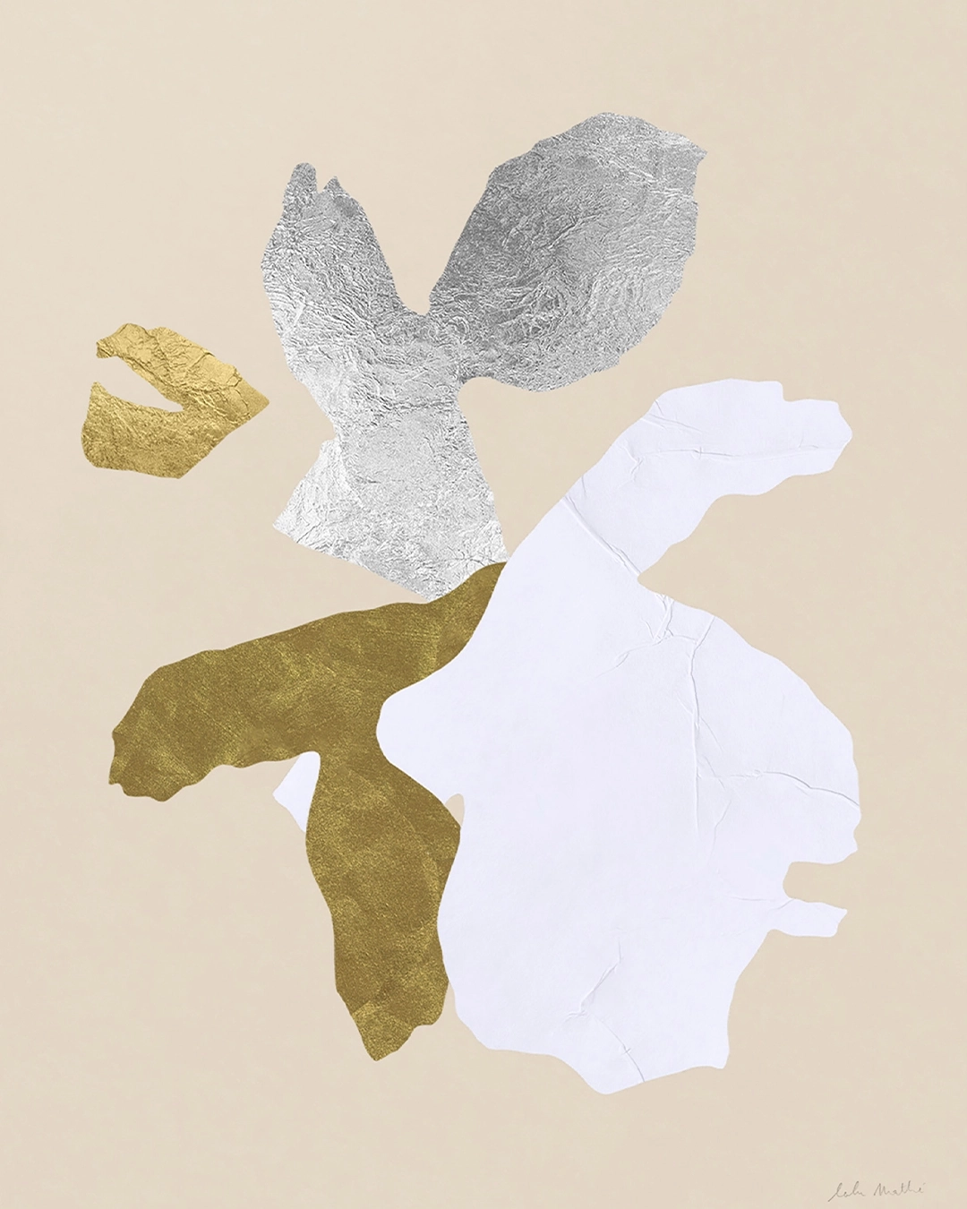 Œuvre abstraite contemporaine, collage papier, feuille d’or