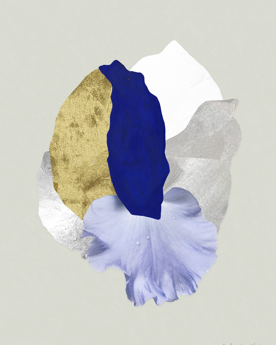 Collage contemporain abstrait floral multicolore, feuille d'argent