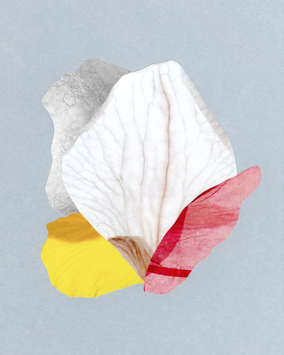 Collage contemporain abstrait floral multicolore, feuille d'argent