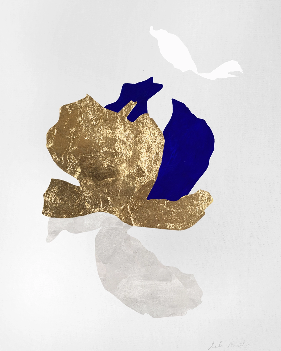 Œuvre abstraite contemporaine, collage papier, feuille d’or