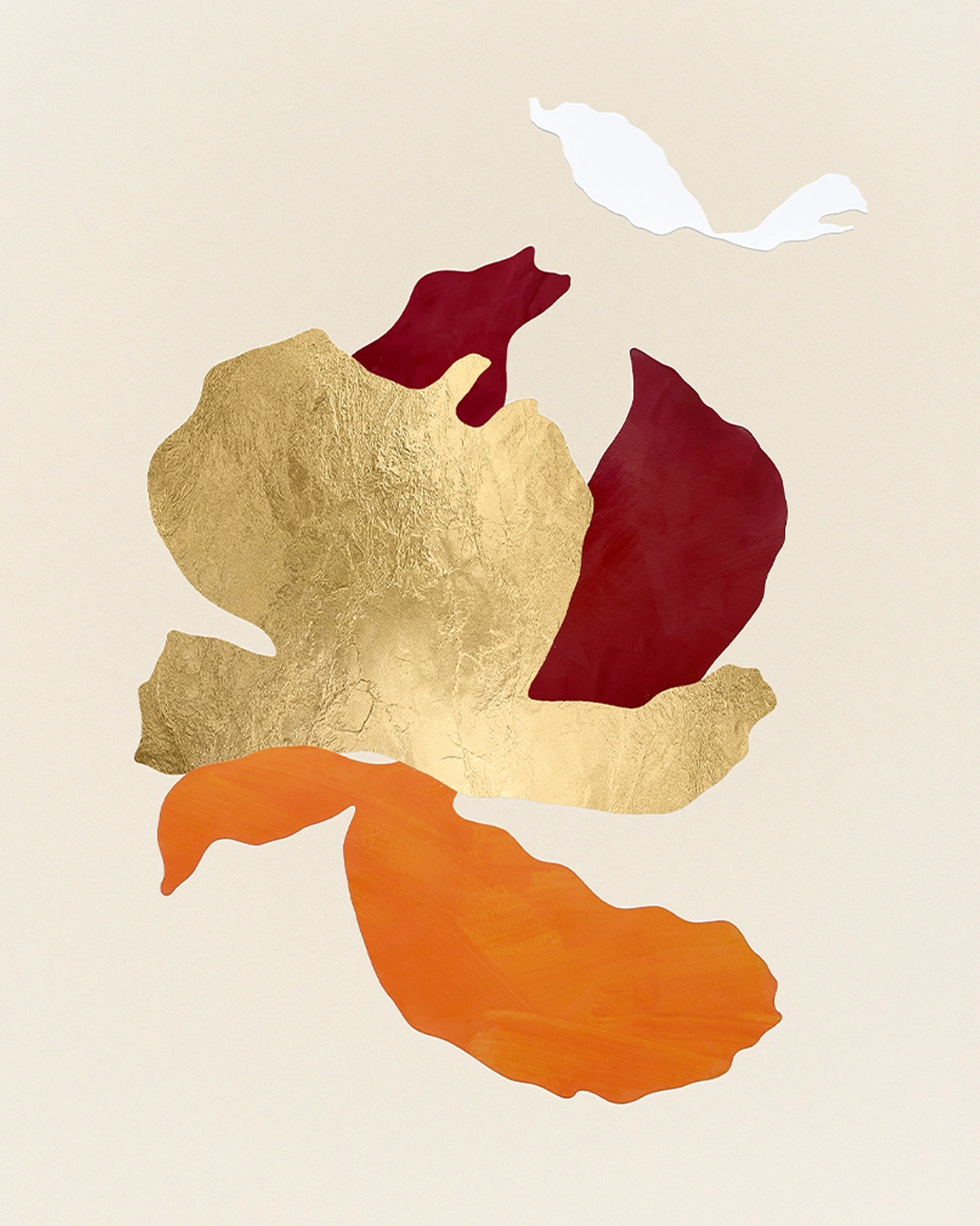 Œuvre abstraite contemporaine, collage papier, feuille d’or