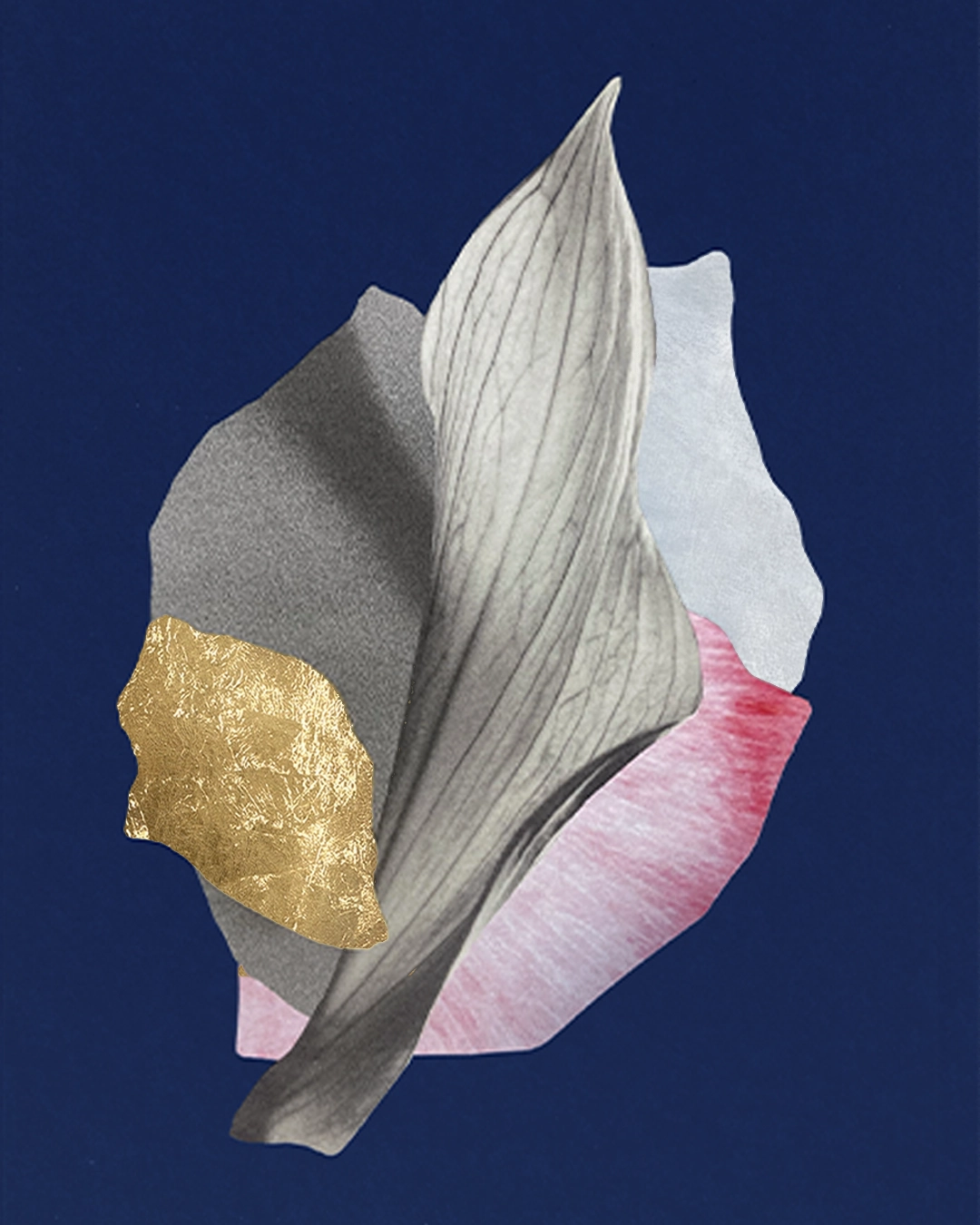 Collage contemporain abstrait floral multicolore, feuille d'or