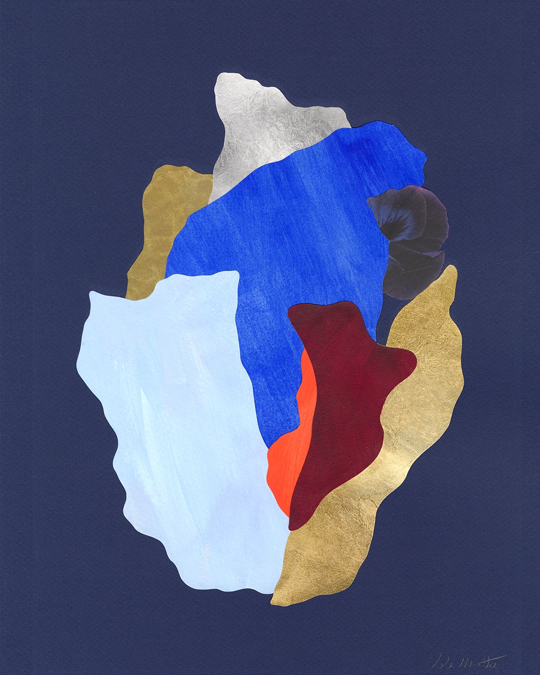 Collage contemporain abstrait multicolore, feuille d'or