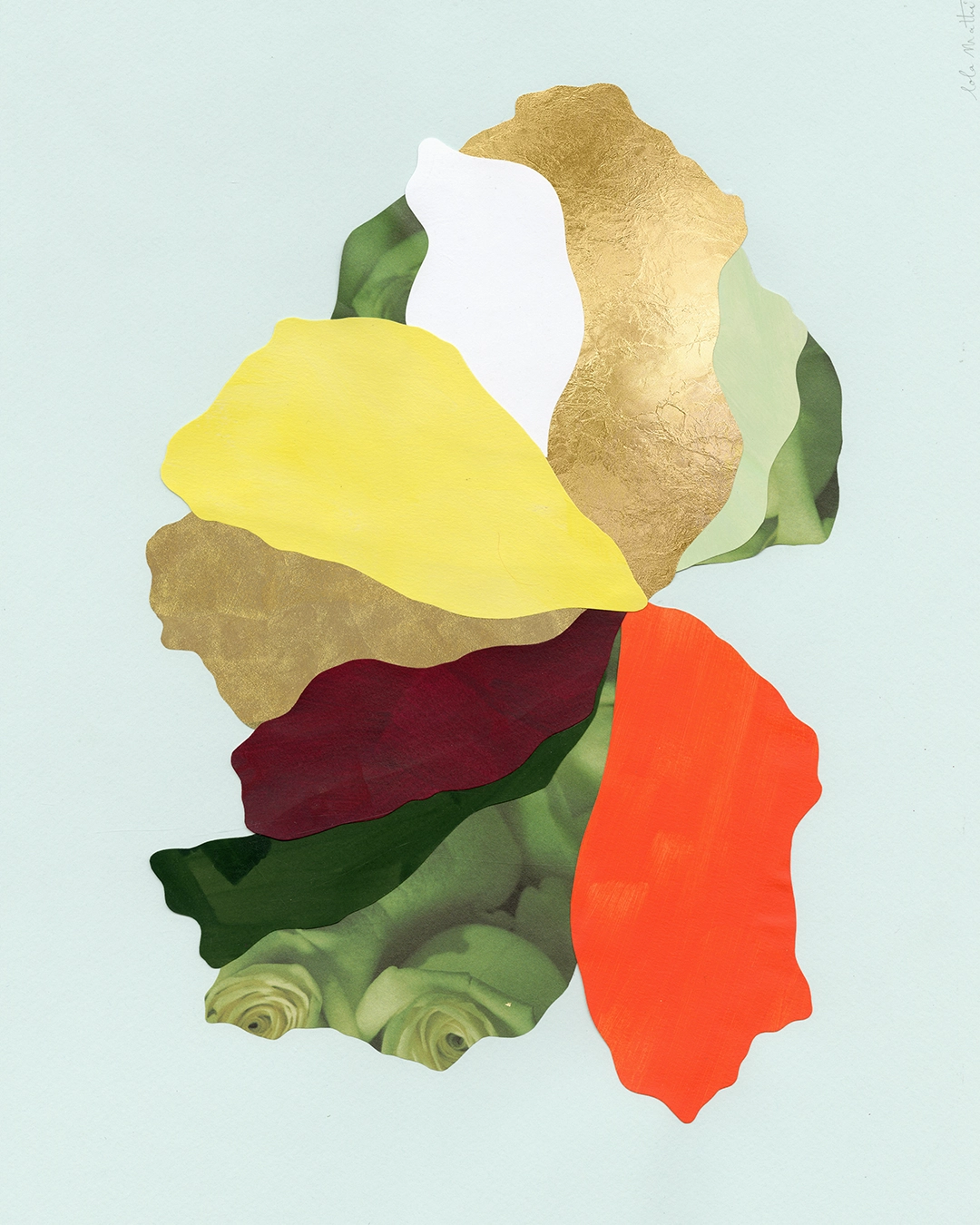 Collage contemporain abstrait floral multicolore, feuille d'or