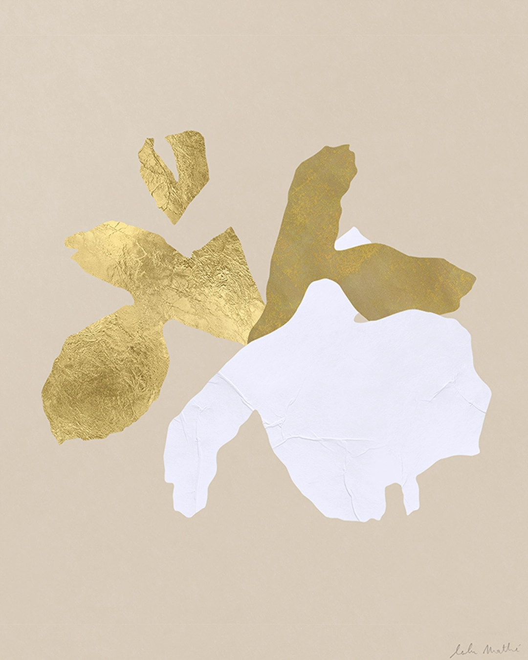 Œuvre abstraite contemporaine, collage papier, feuille d’or