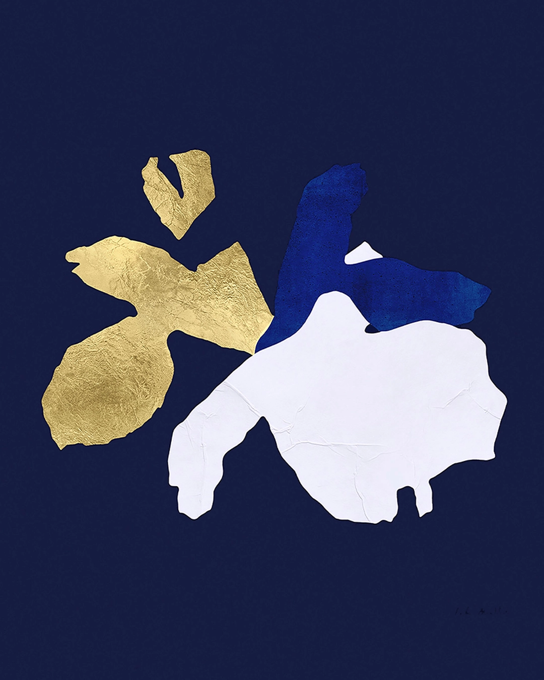 Œuvre abstraite contemporaine, collage papier, feuille d’or