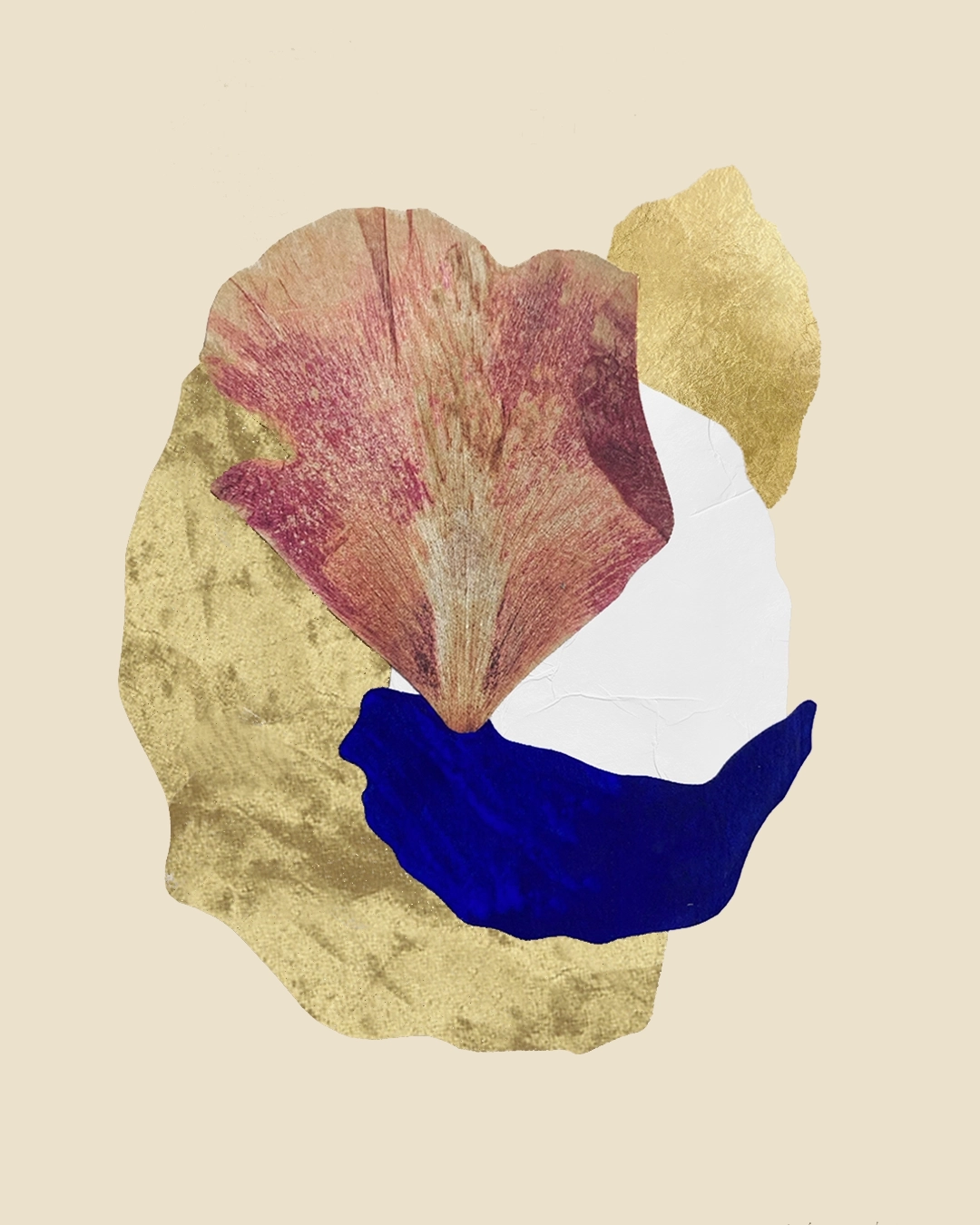 Collage contemporain abstrait floral multicolore, feuille d'or