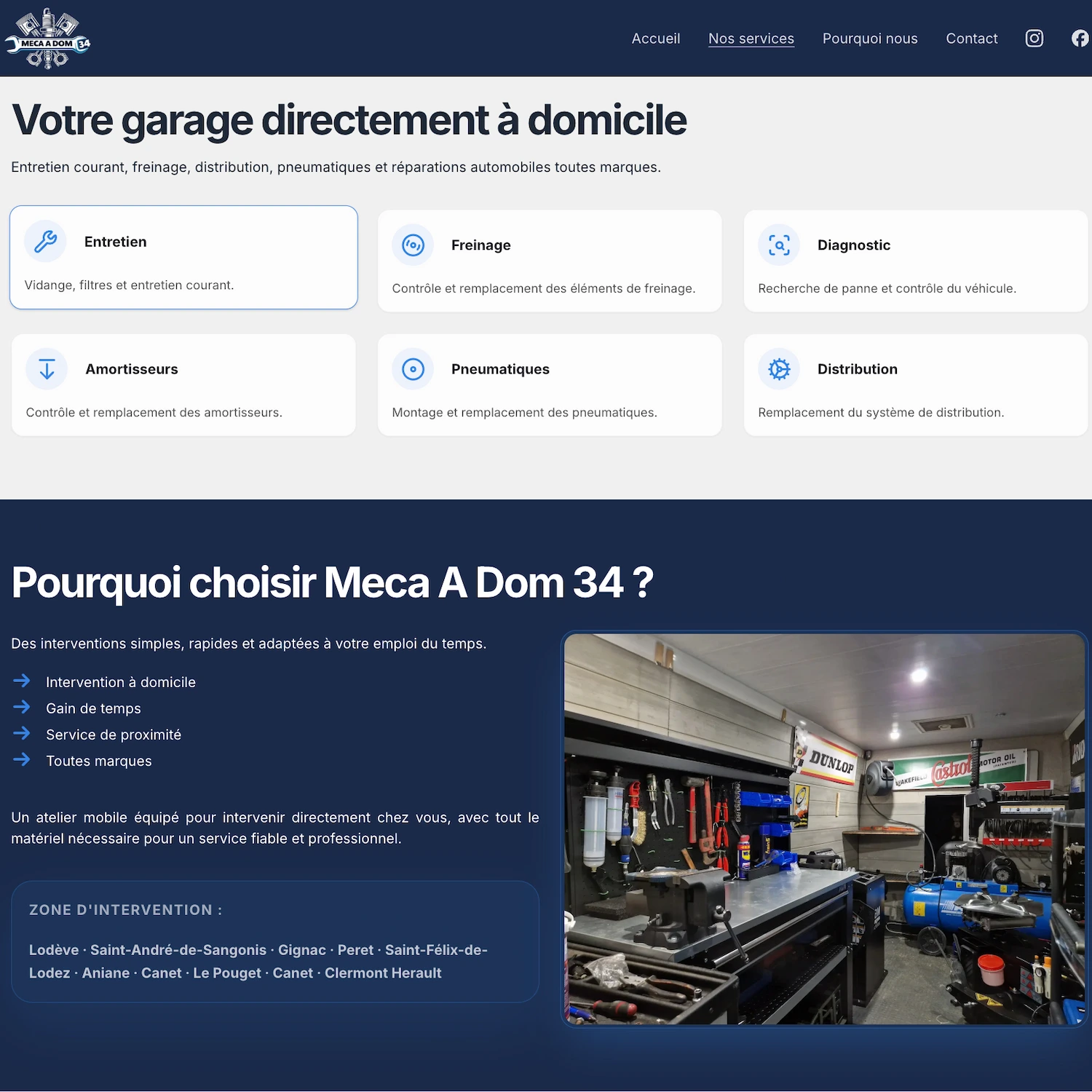 Capture du site Meca A Dom 34 présentant les services de mécanique à domicile, les avantages et la zone d’intervention