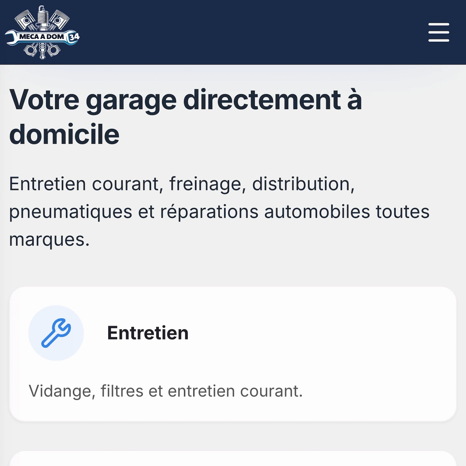 Capture mobile du site Meca A Dom 34 présentant la page des services avec une carte dédiée à l’entretien automobile