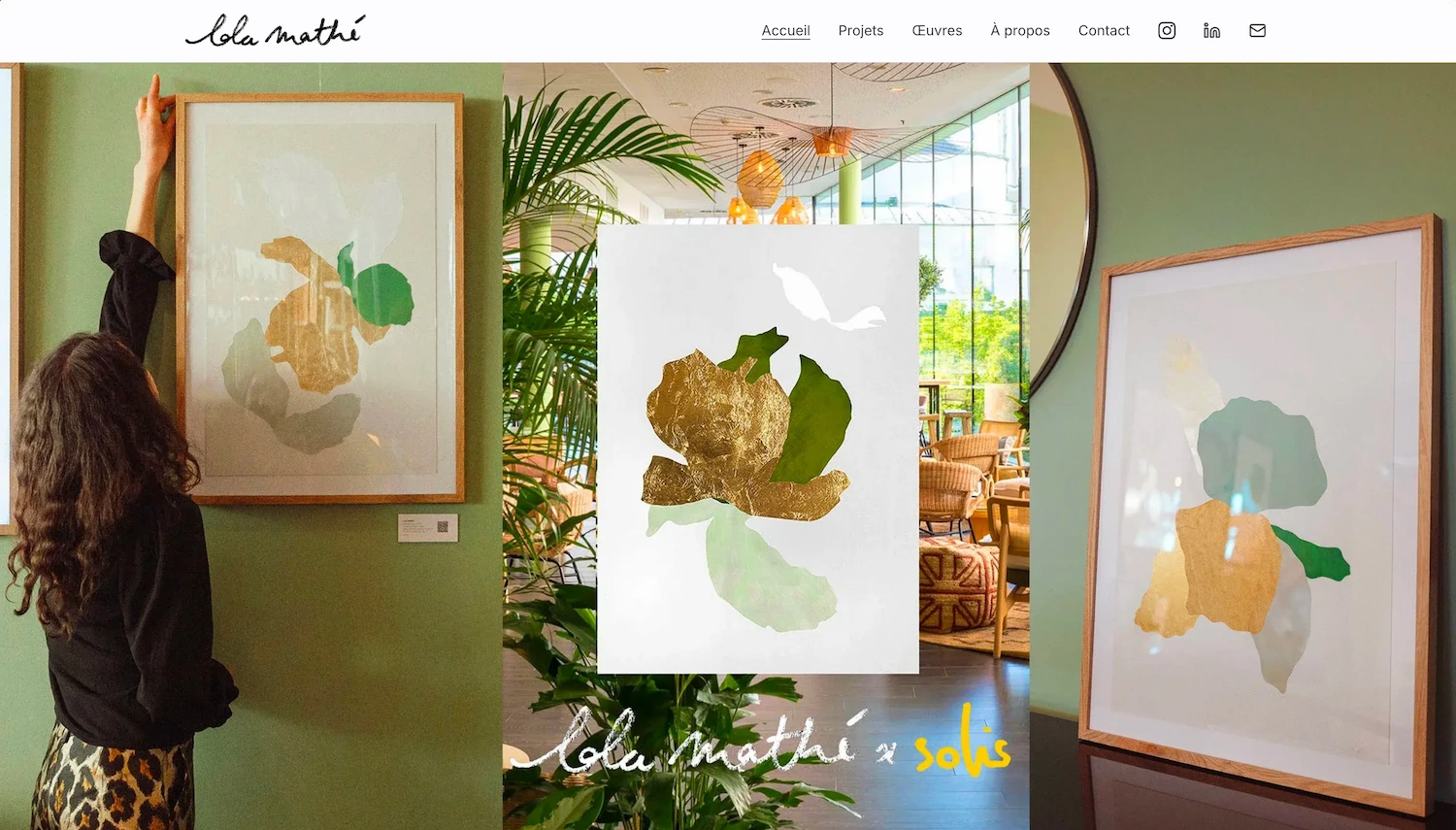 Capture du site Lola Mathé présentant un collage contemporain exposé dans un intérieur végétalisé
