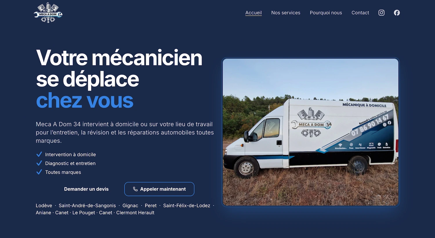 Capture du site Meca A Dom 34 présentant le hero avec un véhicule de mécanique à domicile et les principaux appels à l’action