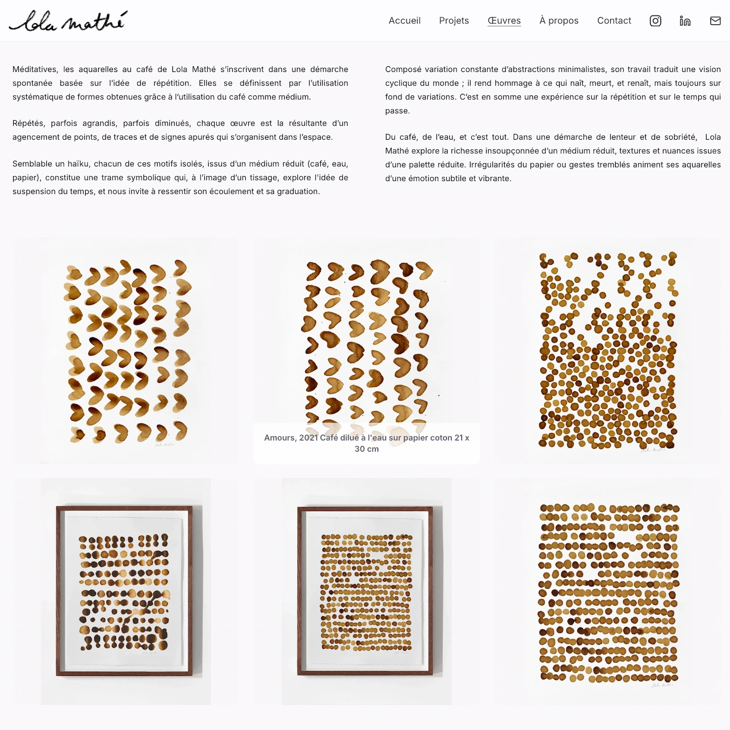 Capture du site Lola Mathé présentant une galerie d’œuvres à l’aquarelle au café, organisée en grille avec textes de présentation