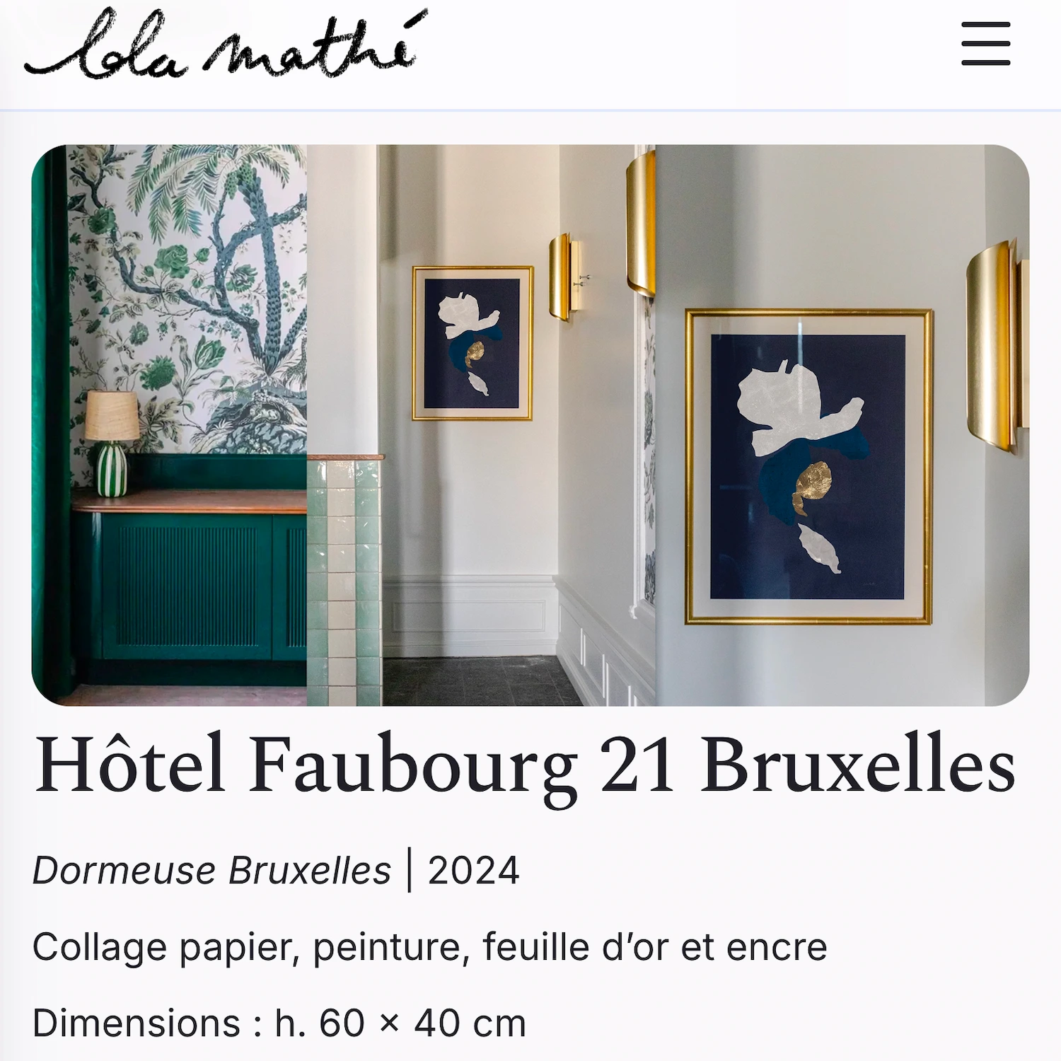 Capture mobile du site Lola Mathé présentant une œuvre exposée à l’Hôtel Faubourg 21 Bruxelles avec ses informations détaillées