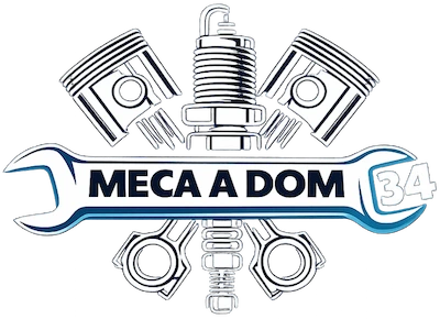 Logo Meca A Dom 34 avec clé plate, pistons et bougie d’allumage